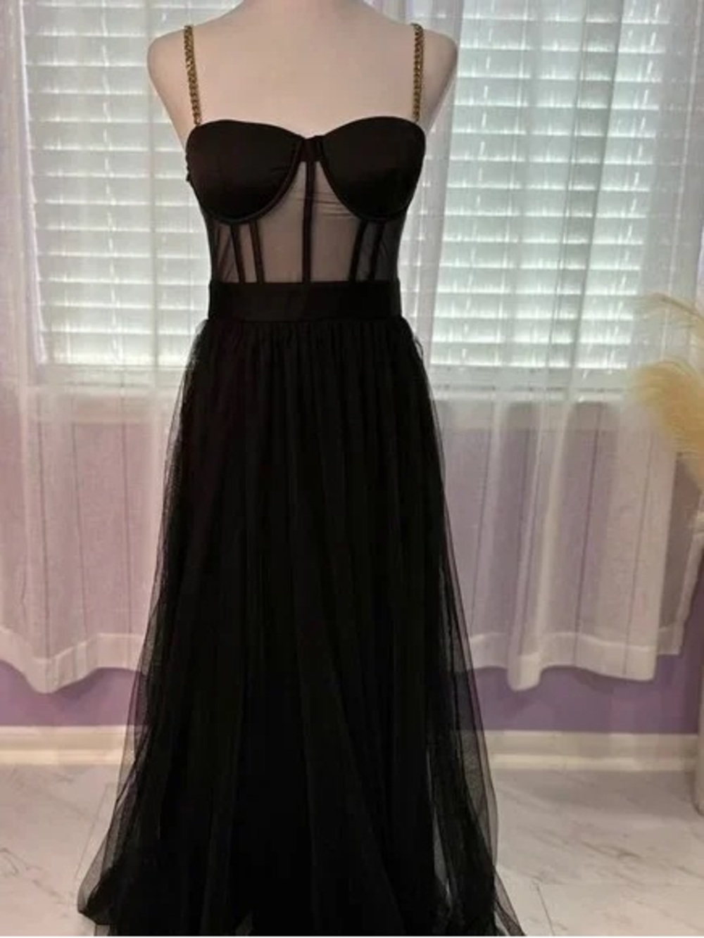 Windsor Black Strapless Tulle Gown with Gold Chain Straps